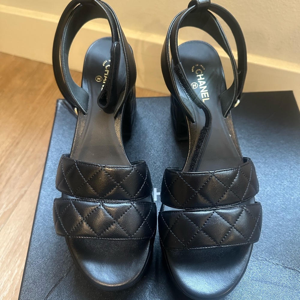 CHANEL Black Quilted Heel Sandals